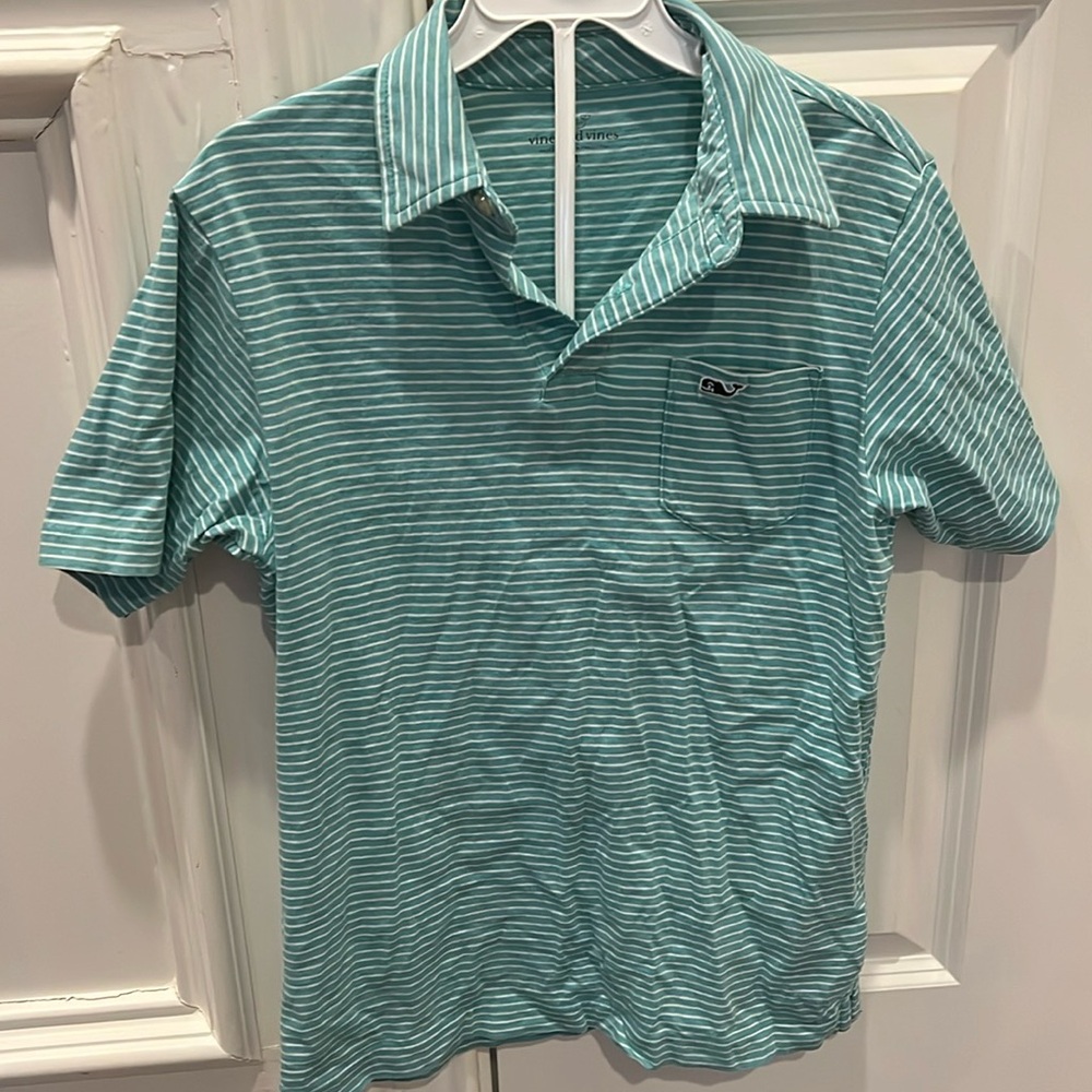Vineyard vines, 100% Pima cotton green and white striped polo size medium 12/14
